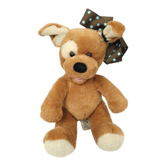 Build A Bear Puppy Dog Plush 13" Stuffed Animal Toy Bent Ears Bow Brown Tan BAB - Picture 1 of 12